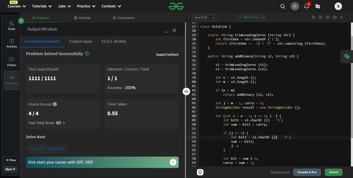 Sheel_Patel_'s tweet image. 🚀 Day 15/160 : @geeksforgeeks Challenge 🚀

Solved &quot;Add Two Binary Strings&quot; today. 🧩✨ Implemented binary addition with carry management. Key insights: bit manipulation and robust problem-solving. 💡🛠️

#GeeksForGeeks #CodingChallenge #BinaryStrings #gfg160 #geekstreak2024