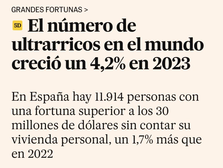 En España hay 11.914 personas con una fortuna superior a los 30 millones de dólares.

¿Sabías que gracias a Ayuso dos de cada tres ultrarricos españoles no pagan impuesto de patrimonio? No pagan nada porque tienen su fortuna en Madrid.

Pero luego no tiene para la universidades.