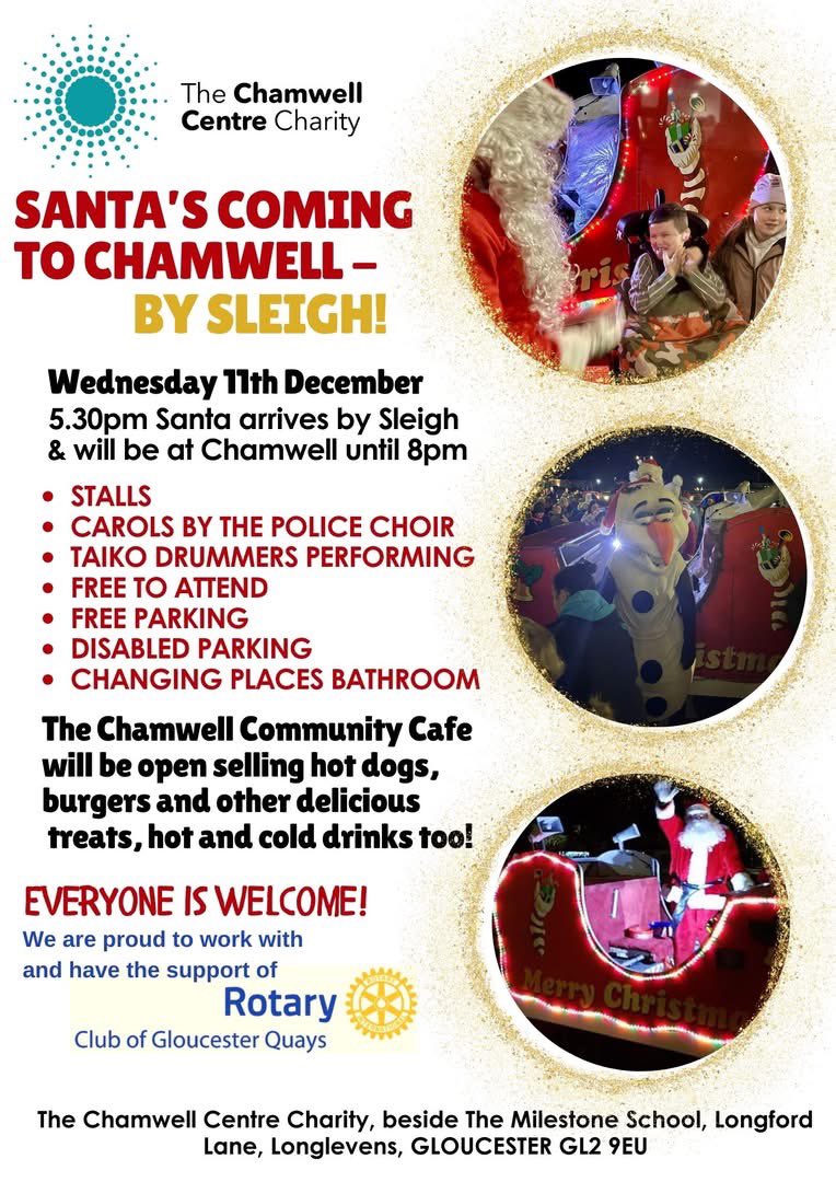 ChamwellCentre's tweet photo. 🎅 Santa’s Coming to Chamwell – By Sleigh! 🎄

📅 Wednesday, 11th December
⏰ Santa arrives at 5:30 PM and will be with us until 8:00 PM!
📍 The Chamwell Centre, Longlevens, GL2 9EU

✨ Join us for a magical and free evening filled with festive cheer! ✨ https://t.co/ZOU68AZbYw