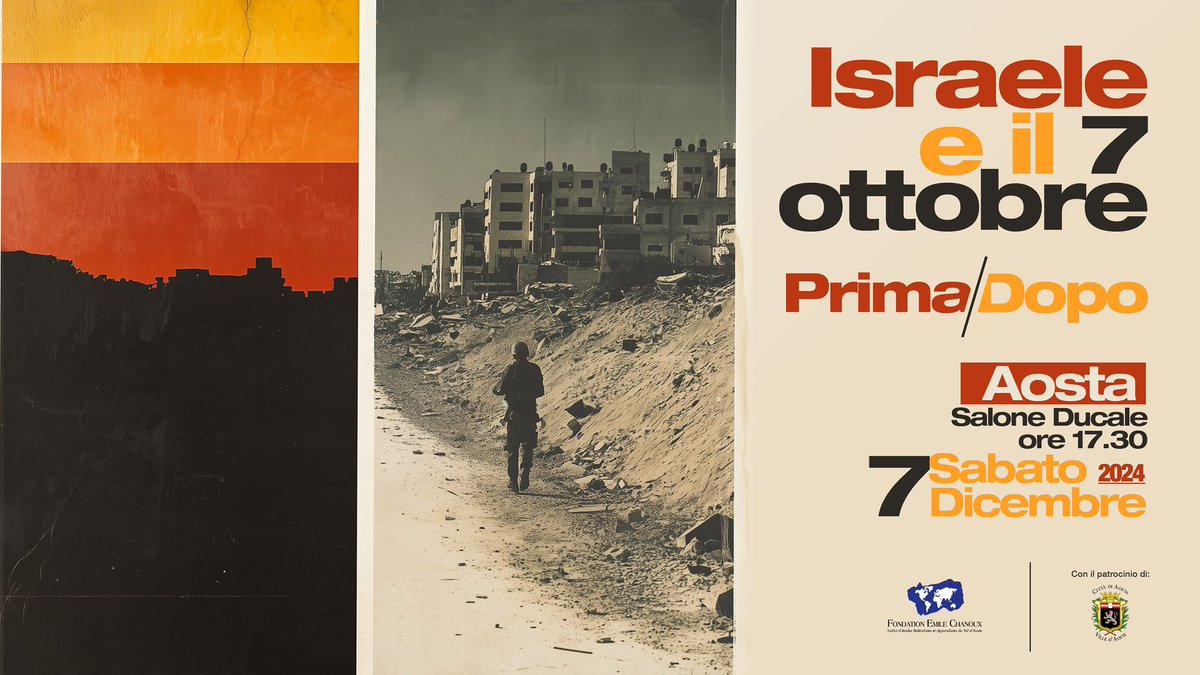 fondchanoux's tweet photo. Nous vous attendons nombreux cet après-midi à 17h30 au Salone ducale d’Aoste pour une conférence de grande actualité sur le conflit israélo-palestinien. Ne manquez pas https://t.co/MsMn86xzYG