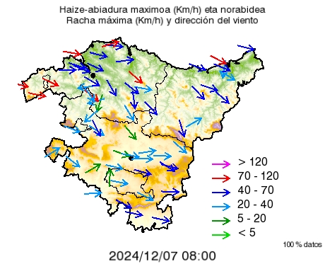 Euskalmet's tweet photo. 🟡#Orain #Ahora #AbisuHoria #haizea 

🏴Haizea denean zakartuz doa.
Azken datuak:

📌Cerroja (Karrantza): 122 km/h
📌Oiz: 110 km/h
📌Higer (Hondarribia): 91 km/h

🏴El viento se va intensificando en todas las zonas. https://t.co/JgXehAhpo1