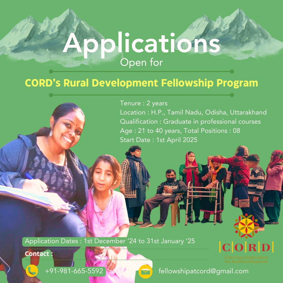 cord_india's tweet photo. The Fellowship program by CORD would enable bright young men and women with academic and professional expertise to get involved in CORD’s initiatives of comprehensive integrated rural development to improve the lives of people in rural India.
Contact : fellowshipatcord@gmail.com https://t.co/8SAdDc7f2P