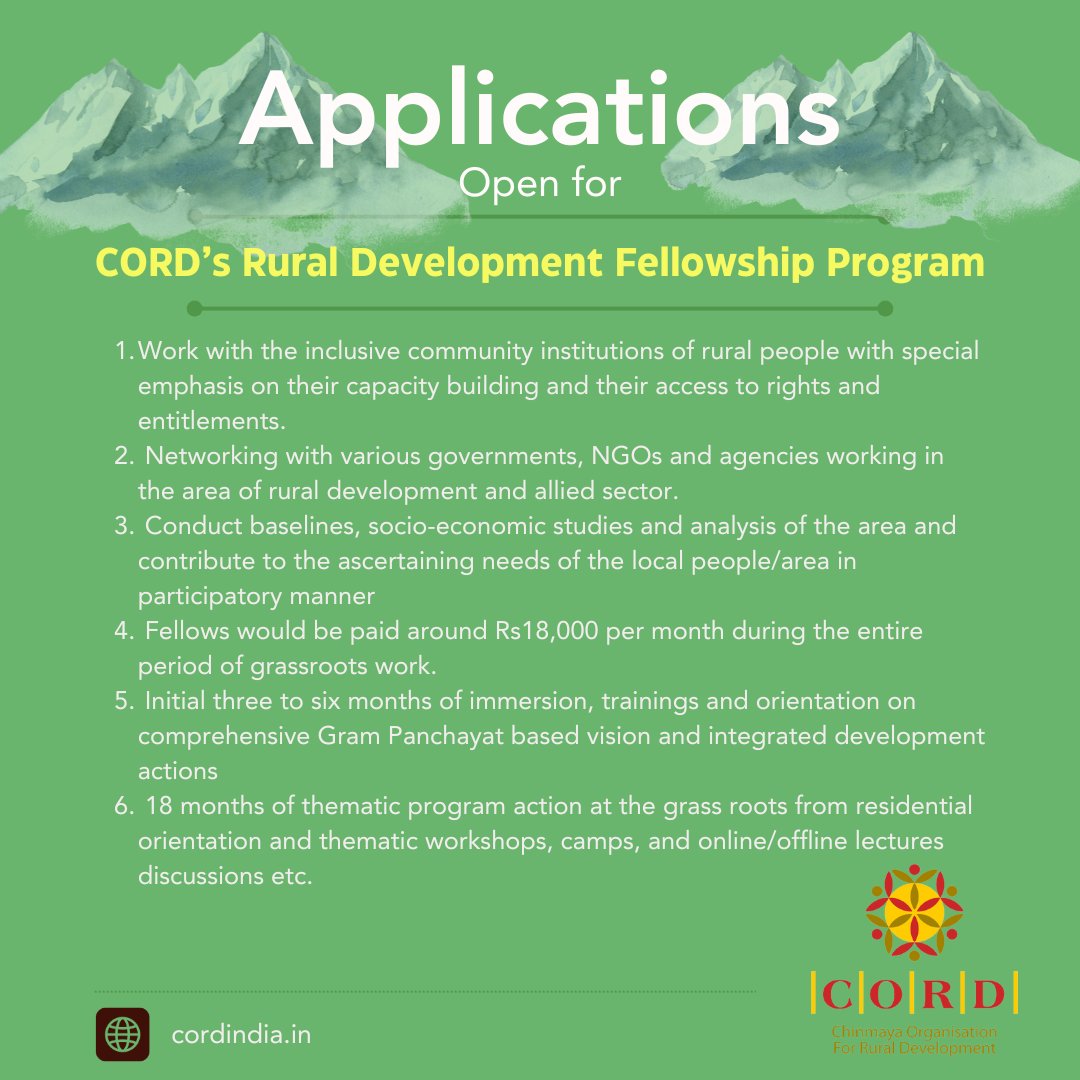 cord_india's tweet photo. The Fellowship program by CORD would enable bright young men and women with academic and professional expertise to get involved in CORD’s initiatives of comprehensive integrated rural development to improve the lives of people in rural India.
Contact : fellowshipatcord@gmail.com https://t.co/8SAdDc7f2P