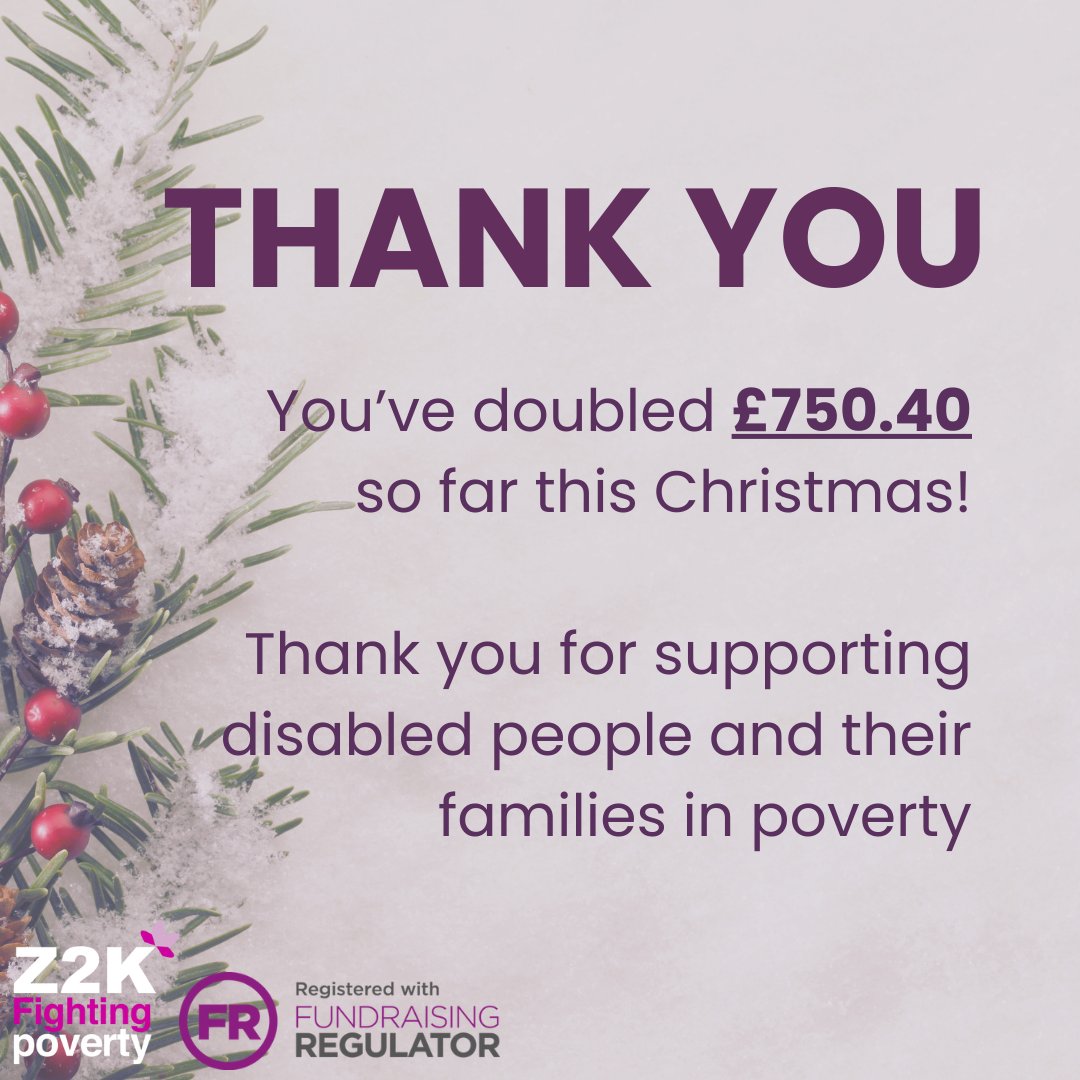 Z2K_trust's tweet photo. THANK YOU! Your generosity has already raised £750.40 for disabled people and their families in poverty this Christmas🎄Every pound donated is being doubled, so your support makes twice the difference.

Let's not stop there, if you can, donate now https://t.co/VgCapVDkT9 https://t.co/ak2vHfW4qR