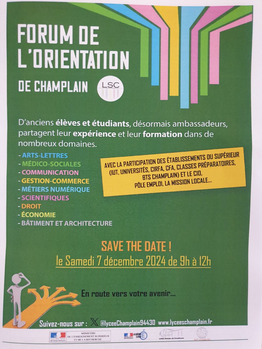 Le forum de l'orientation du <a href="/LyceeChamplain/">LycéeChamplain94430</a>... c'est parti !
<a href="/AcCreteil/">Académie de Créteil</a> <a href="/Chennevieres_94/">Mairie de Chennevières-sur-Marne</a> <a href="/education_gouv/">Ministère Éducation nationale</a>