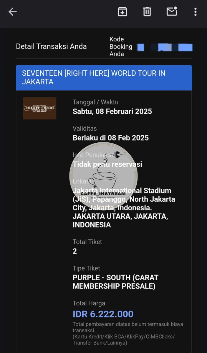 caffeinstream's tweet photo. WTS tiket Seventeen Right Here JKT 

❗TURUN HARGA 

CARAT MEMBERSHIP PRESALE PURPLE SOUTH (1 TIX) - 3.2 JT DAY 1 (8 Feb 2025) 

Rincian👇🏻 
1 tix (inc. tax&amp;fee) = 3.111.000
disc. membership (dibagi 2) = 89.000 

DP 50%, SERIUS BUYER, NO HNR, COD VENUE #SVT_RIGHT_HERE_IN_JAKARTA https://t.co/eci9CuFUFs