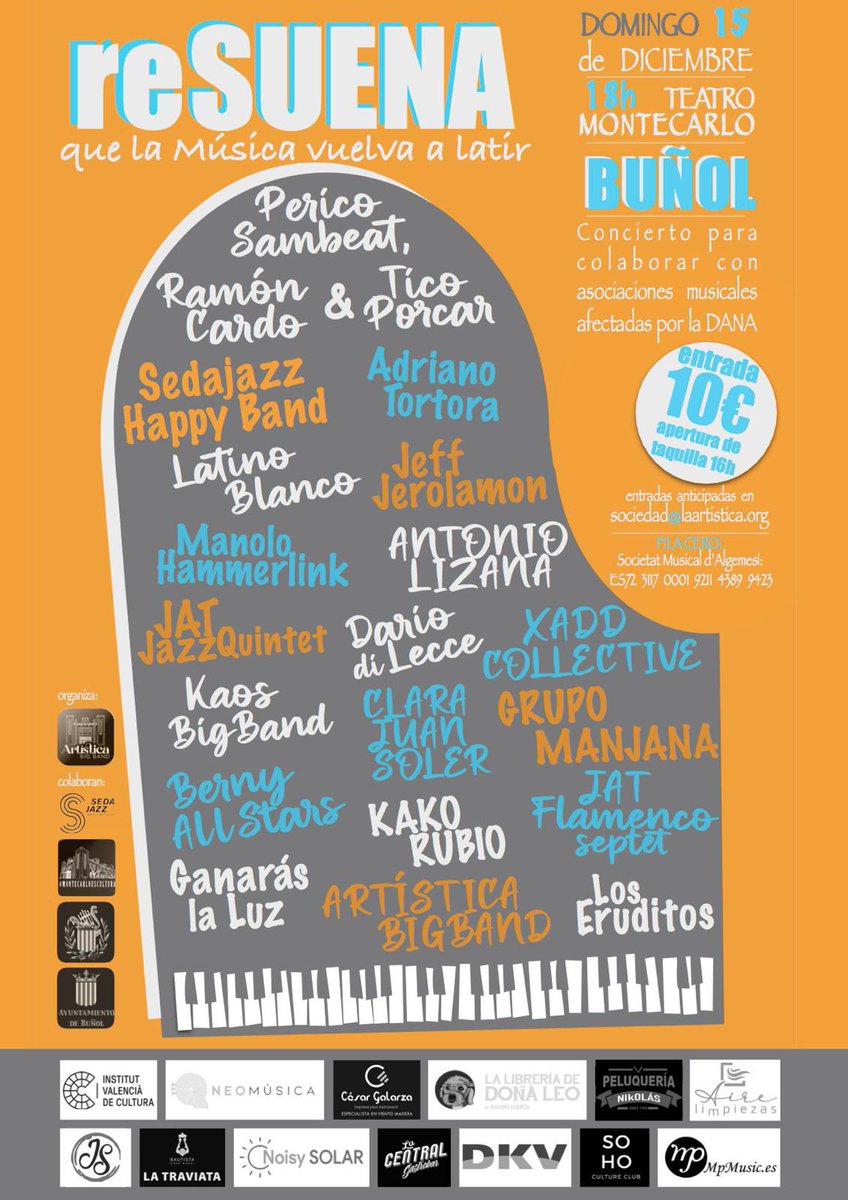 Concierto solidario en Buñol. Haced que llegue a muchos sitios. Cultura a favor de la cultura afectada por la DANA.