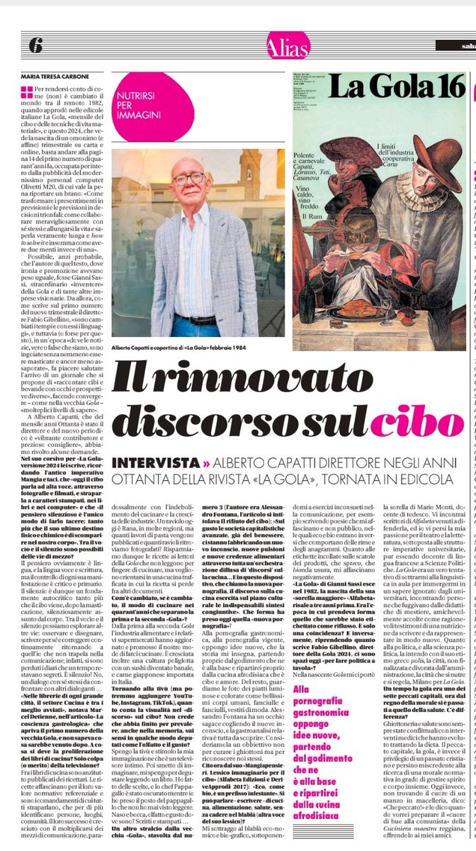 Maria Teresa Carbone (@mtcarbone) on Twitter photo "Alla pornografia gastronomica oppongo idee nuove che la storia mi insegna, partendo dalla cucina afrodisiaca che è cibo e amore"
Sulla Gola, arrivata (o tornata) nelle librerie e nelle edicole parla il grande Alberto Capatti.
Oggi #Alias <a href="/ilmanifesto/">il manifesto</a>
ilmanifesto.it/la-gola-e-il-c… "Alla pornografia gastronomica oppongo idee nuove che la storia mi insegna, partendo dalla cucina afrodisiaca che è cibo e amore"
Sulla Gola, arrivata (o tornata) nelle librerie e nelle edicole parla il grande Alberto Capatti.
Oggi #Alias <a href="/ilmanifesto/">il manifesto</a>
ilmanifesto.it/la-gola-e-il-c…