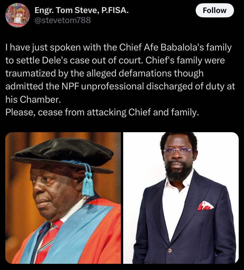No one is attacking his family.

For him not have exhausted all legal means and, decided to use the Police to oppress someone exposing the rot in the Judiciary, makes him a COWARD. 

Dele Farotimi has evidence, he should play it out with him in court.

All these gaslighting to