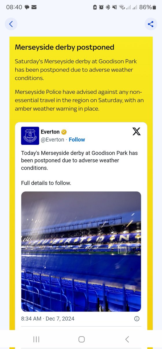 Chris Wilkinson (@cjw15_) on Twitter photo So it's not safe to travel across a field in an Amber weather warning, but it's safe to travel through a red weather warning to travel 240 miles round trip.
Fully aware not being forced to go.
Bracing myself for the comments...
<a href="/Pompey/">Portsmouth FC</a> V <a href="/BristolCity/">Bristol City FC</a> So it's not safe to travel across a field in an Amber weather warning, but it's safe to travel through a red weather warning to travel 240 miles round trip.
Fully aware not being forced to go.
Bracing myself for the comments...
<a href="/Pompey/">Portsmouth FC</a> V <a href="/BristolCity/">Bristol City FC</a>