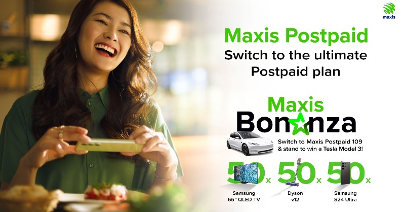 Maxis's tweet photo. Switch to the ultimate postpaid plan from only RM109/mnth and stand to win amazing prizes including a Tesla Model 3.
Now everyone can win with #MaxisBonanza