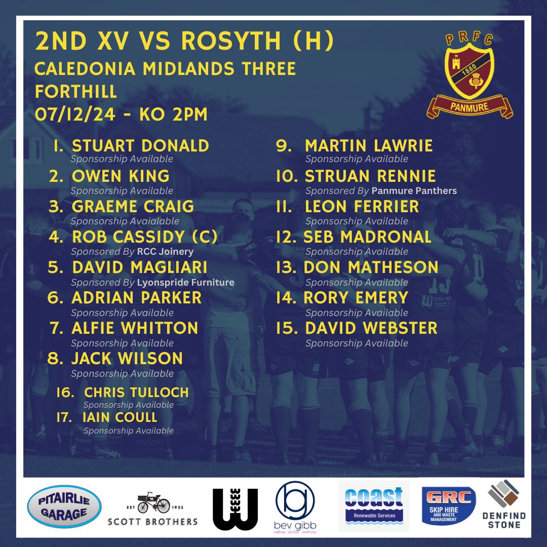 🚨 TEAM NEWS 🚨

Here’s the Panmure squads for todays games at Forthill.

🍺☕️ As always the bar will be open all day with plenty of live sport on the TV’s and big screen 📺 

Would be great to see a big crowd at the club cheering on both teams. 

Both KO 2pm

#PlayUpPanmure