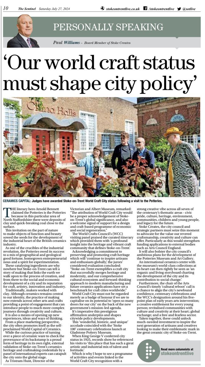PaulWilliams207's tweet photo. Seven years ago today #TeamStoke were meeting the UKCoC Judges in Hull. Our phenomenal #TogetherWeMakeTheCity bid wasn’t to be. Shortly afterwards I asked whether @UNESCO CreativeCities should be our next challenge.
Having recently been designated a World Craft City, it’s time to ask the same question again as part of the ‘Shaping Our Future City’ post-centenary legacy.
