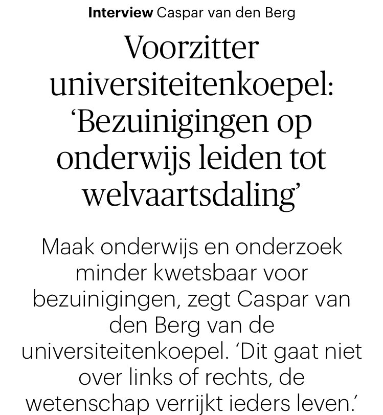 tweetsunl's tweet image. UNL- voorzitter @CasparvdBerg sprak met @EllekeBal van @trouw over de megabezuinigingen op onderwijs en onderzoek:

‘Over het bod dat nu op tafel ligt is Van den Berg totaal niet te spreken. &quot;De gevolgen van de totale inkrimping zijn nog steeds enorm schadelijk voor de…