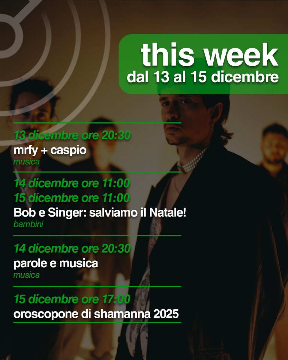 Hangar Teatri Trieste (@hteatri) on Twitter photo Cosa succede a Hangar Teatri questa settimana?
๐ธ๐ ๐ฅ๐๐ฌ+๐๐๐ฆ๐ฃ๐๐ข
๐13/12 h20:30
๐น๐๐ผ๐ฏ ๐ฒ ๐ฆ๐ถ๐ป๐ด๐ฒ๐ฟ: ๐๐ฎ๐น๐๐ถ๐ฎ๐บ๐ผ ๐ถ๐น ๐ก๐ฎ๐๐ฎ๐น๐ฒ!
๐14 e 15/12 h11
๐ธ๐ฃ๐ฎ๐ฟ๐ผ๐น๐ฒ ๐ฒ ๐ ๐๐๐ถ๐ฐ๐ฎ
๐14/12 h20:30
๐น๐ข๐ฟ๐ผ๐๐ฐ๐ผ๐ฝ๐ผ๐ป๐ฒ ๐ฑ๐ถ ๐ฆ๐ต๐ฎ๐บ๐ฎ๐ป๐ป๐ฎ ๐ฎ๐ฌ๐ฎ๐ฑ
๐15/12 h17 Cosa succede a Hangar Teatri questa settimana?
๐ธ๐ ๐ฅ๐๐ฌ+๐๐๐ฆ๐ฃ๐๐ข
๐13/12 h20:30
๐น๐๐ผ๐ฏ ๐ฒ ๐ฆ๐ถ๐ป๐ด๐ฒ๐ฟ: ๐๐ฎ๐น๐๐ถ๐ฎ๐บ๐ผ ๐ถ๐น ๐ก๐ฎ๐๐ฎ๐น๐ฒ!
๐14 e 15/12 h11
๐ธ๐ฃ๐ฎ๐ฟ๐ผ๐น๐ฒ ๐ฒ ๐ ๐๐๐ถ๐ฐ๐ฎ
๐14/12 h20:30
๐น๐ข๐ฟ๐ผ๐๐ฐ๐ผ๐ฝ๐ผ๐ป๐ฒ ๐ฑ๐ถ ๐ฆ๐ต๐ฎ๐บ๐ฎ๐ป๐ป๐ฎ ๐ฎ๐ฌ๐ฎ๐ฑ
๐15/12 h17
