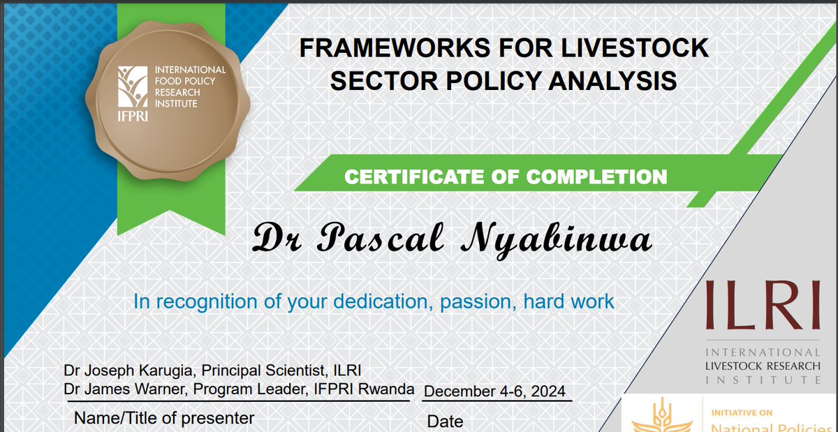 nyabpass's tweet photo. I obtained a Certificate in Frameworks for Livestock Sector Policy Analysis through a 3-day IFPRI-ILRI Workshop on Livestock Seminar Policy Analysis, organized by @ILRI -Kenya and @IFPRIRwanda  Rwanda from 4 to 6 December 2024 at Musanze. https://t.co/6fWLJvnhuD