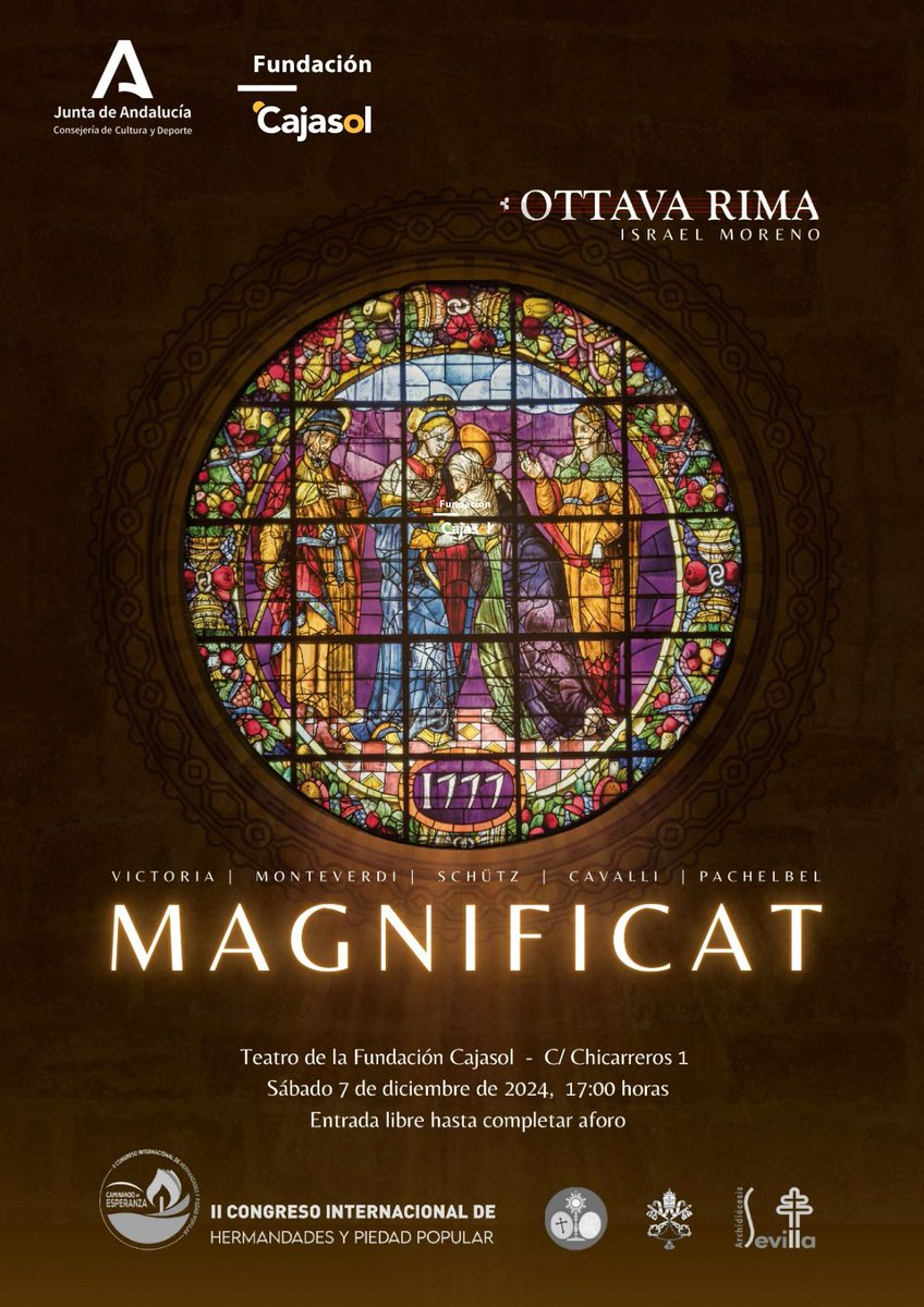 Cajasol's tweet photo. 📍 Hoy, a las 17.00 horas, en el Teatro Cajasol Sevilla

Clausura del II @congresoihpp en la Fundación @Cajasol con "Magnificat", interpretado por @ottavarima_ES. Un recorrido por obras de Tomás Luis de la Victoria, Monteverdi, Schütz, Cavalli y Pachelbel. Organizado por @ElConsejoSev y @Archisevilla1

🔖 Entrada libre hasta completar aforo