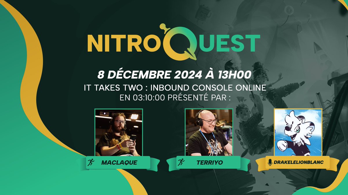 Nitro_Speedrun's tweet photo. 🚨Nitro Quest Décembre ! 
C'est déjà demain que @drmaclaque et @TerryioRedfire nous démontrons leurs skills respectifs afin de recoller les morceaux ! 🧩🧩
@DrakeLionBlanc Nous racontera une histoire dont il a le secret ! 📖
Rendez-vous demain à 13h00 sur la chaîne de Nitro ! 💓 https://t.co/Oav76tHUBt