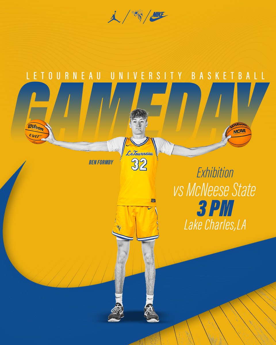 LETUMBB's tweet photo. GAMEDAY | EXHIBITION 2

On the road to Louisiana! LeTourneau makes the trip to Lake Charles for an exhibition matchup with the Cowboys of McNeese State.

Tipoff is set for 3 PM and can be streamed on ESPN+

#d3hoops #LETUBrotherhood https://t.co/0F7oqtIFyS