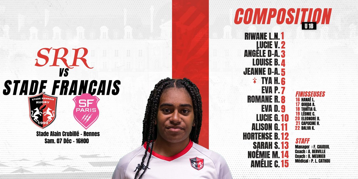 U18 : Stade Rennais Rugby x Stade Français ⛈️

La composition de nos Mini Tempête face au Stade Français !❤️🖤

3️⃣ Angèle Titulaire
🔙 Hortense de retour
🗓️ Samedi 7 Décembre
🏟️ Stade Alain Crubillé
⏰ Coup d’envoi 16h