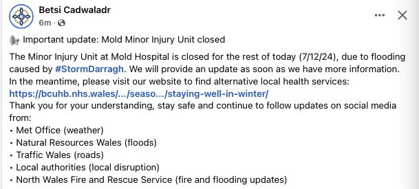 DeesideDotCom's tweet photo. The Minor Injury Unit at Mold Hospital is closed for the rest of today (7/12/24), due to flooding https://t.co/K4N9l9B5CS