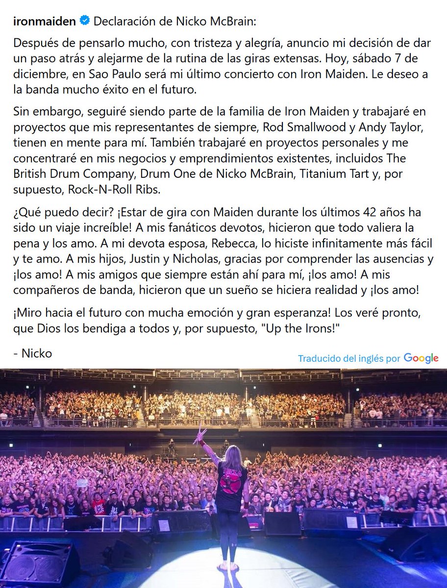 porquetendencia's tweet photo. "Nicko":
Porque Nicko McBrain anunció que hoy será su último recital con Iron Maiden https://t.co/0AolpxqPjP
