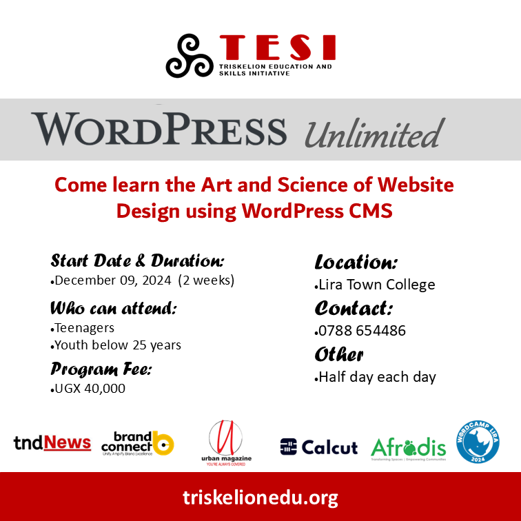 Get ready for an exciting learning experience as #WordPress Unlimited kicks off on December 09. Training fee is UGX 40,000. 
#STEM