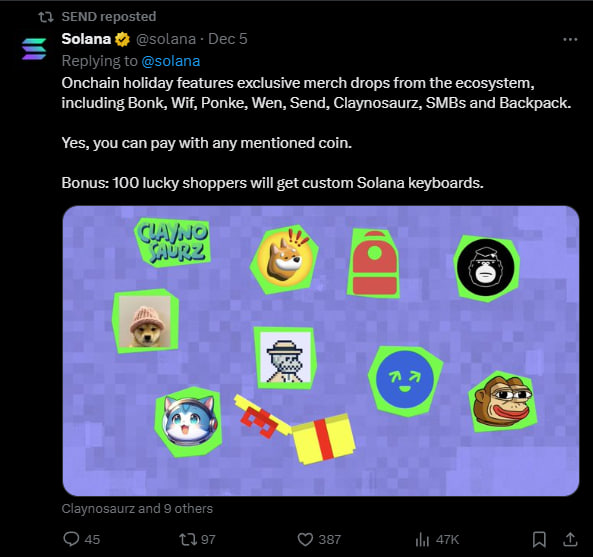 sadizmed's tweet photo. Solana’s official account mentioned $SEND in their “gift” post yesterday. Today, the @thesendcoin  team announced an AI agency.( @sendaifun ) They had already created the account, and today they retweeted it. 
In short, they plan to build a system that brings together all AI projects on Solana. Hello @toly ai hackathon soon 🔜

Additionally, Solana is hosting an AI hackathon soon. I believe the team will participate in it and make their announcement at the right time. This might be a slow-cook process, but I think it’s worth it.

SENDdRQtYMWaQrBroBrJ2Q53fgVuq95CV9UPGEvpCxa