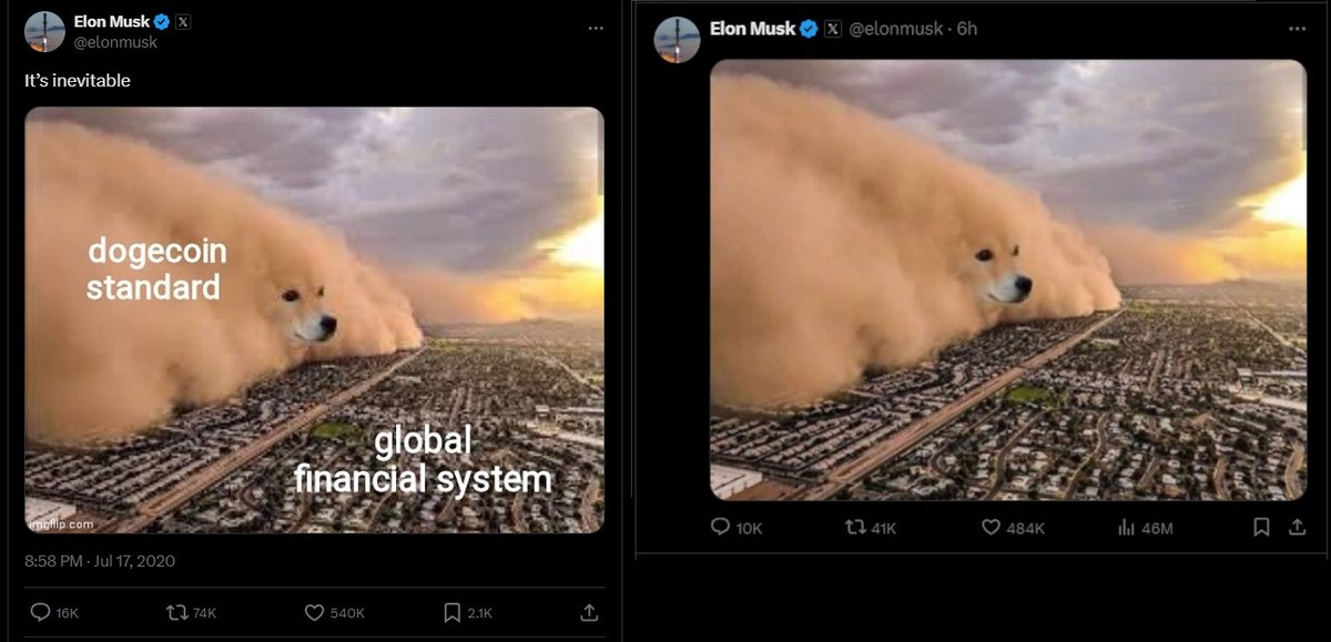 krisspax's tweet photo. See Elon's old Twitter post from over 4 years ago - the Dogecoin standard to overtake the global financial system ... "It's inevitable."  Then see Elon's 𝕏 post from last night.  How can you not be bullish about Ðoge? #Dogecoin #Doge $DOGE @DOGE @elonmusk https://t.co/gEjhQgAZ7V