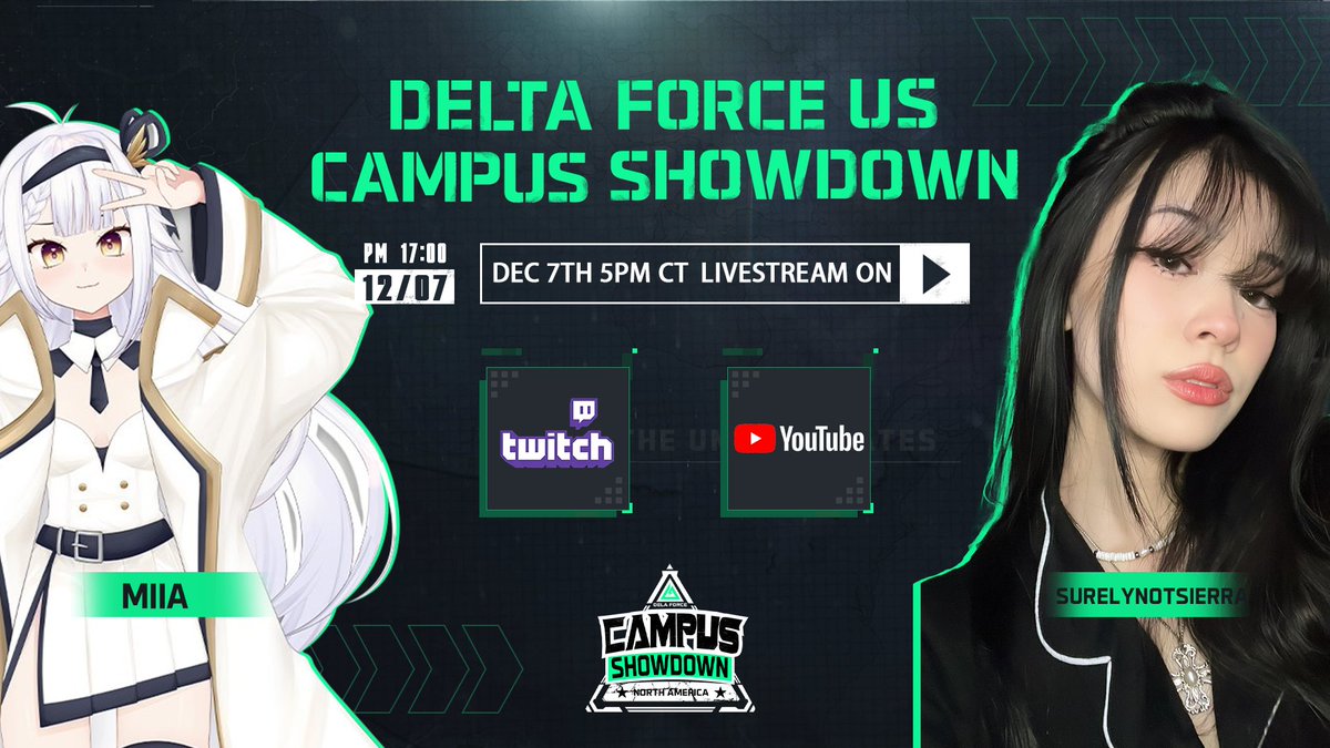 Delta Force Game (@deltaforce_game) on Twitter photo 🎓Delta Force Campus Showdown🖥 is finally coming to American universities! <a href="/BruinGG/">Bruin Gaming</a> <a href="/BerkeleyLegends/">Berkeley Legends</a> <a href="/wga_uw/">Gaming Association at UW</a> <a href="/Longhorn_Gaming/">Longhorn Gaming</a> <a href="/Illini_esports/">Illini Esports</a> <a href="/GatorGaming/">Gator Gaming</a> <a href="/RutgersEsports/">Rutgers Esports</a> <a href="/GatechEsports/">Georgia Tech Esports</a>
Welcome our two elite operators <a href="/matoimiia/">miia 🛸🌾</a> <a href="/surelynotsierra/">sierra</a> as they join student teams to 🎓Delta Force Campus Showdown🖥 is finally coming to American universities! <a href="/BruinGG/">Bruin Gaming</a> <a href="/BerkeleyLegends/">Berkeley Legends</a> <a href="/wga_uw/">Gaming Association at UW</a> <a href="/Longhorn_Gaming/">Longhorn Gaming</a> <a href="/Illini_esports/">Illini Esports</a> <a href="/GatorGaming/">Gator Gaming</a> <a href="/RutgersEsports/">Rutgers Esports</a> <a href="/GatechEsports/">Georgia Tech Esports</a>
Welcome our two elite operators <a href="/matoimiia/">miia 🛸🌾</a> <a href="/surelynotsierra/">sierra</a> as they join student teams to
