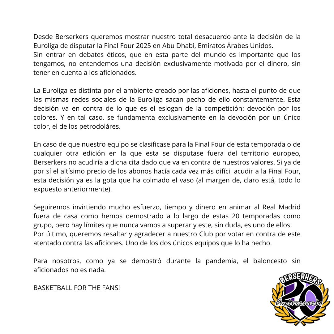 Comunicado ante la decisión de la <a href="/EuroLeague/">EuroLeague</a> de celebrar la próxima edición de la Final Four en Abu Dhabi.

¡El baloncesto es para los aficionados!