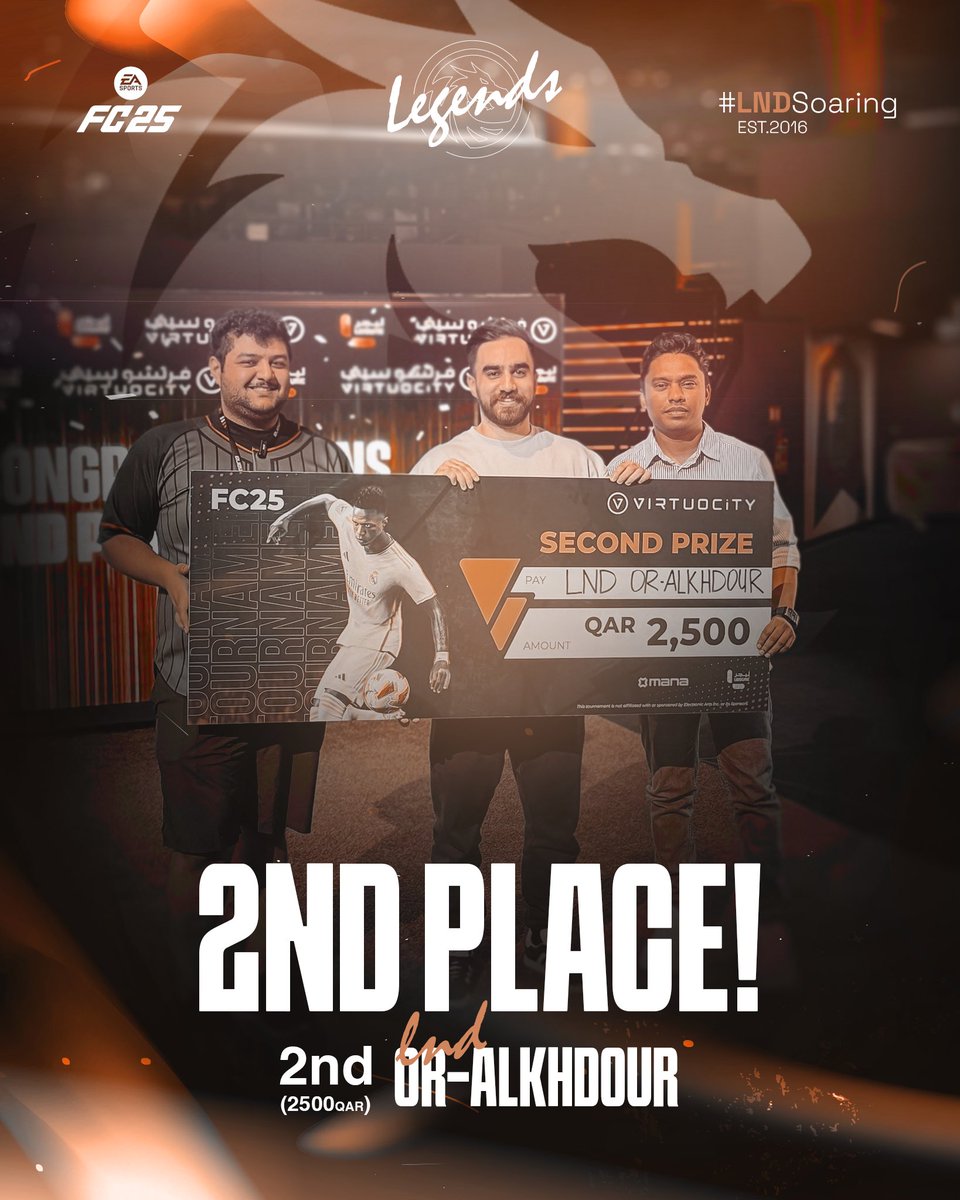 Legends Esports | LND (@lnd_esp) on Twitter photo An incredible achievement! ๐ Congratulations to <a href="/OR_ALKHDOUR/">Omar Alkhdour</a> for securing 2nd place in the FC25 Tournament at Virtuocity!
ุฅูุฌุงุฒ ุนุธูู
! ๐ ุฃูู ู
ุจุฑูู ูู <a href="/OR_ALKHDOUR/">Omar Alkhdour</a> ุนูู ุชุญููู ุงูู
ุฑูุฒ ุงูุซุงูู ูู ุจุทููุฉ FC25 ูู ููุฑุชุดูุณูุชู
#LNDSoaring An incredible achievement! ๐ Congratulations to <a href="/OR_ALKHDOUR/">Omar Alkhdour</a> for securing 2nd place in the FC25 Tournament at Virtuocity!
ุฅูุฌุงุฒ ุนุธูู
! ๐ ุฃูู ู
ุจุฑูู ูู <a href="/OR_ALKHDOUR/">Omar Alkhdour</a> ุนูู ุชุญููู ุงูู
ุฑูุฒ ุงูุซุงูู ูู ุจุทููุฉ FC25 ูู ููุฑุชุดูุณูุชู
#LNDSoaring