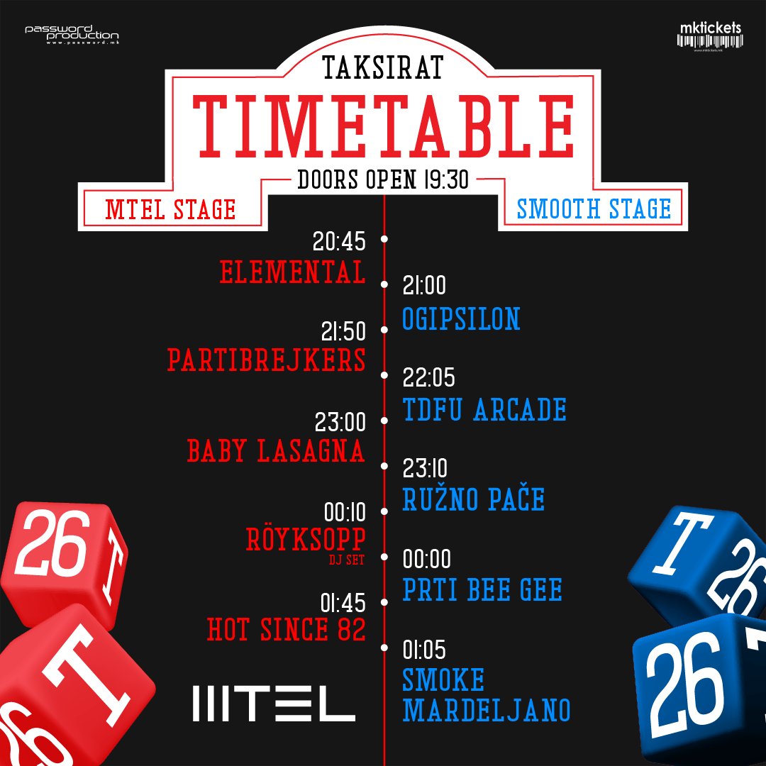 Распоред и саатница за вечерва!
Последна, главна вечер на #ТАКСИРАТ2024 во Арена „Борис Трајковски“!
Билети со цена 1000 ден. на: mktickets.mk/event/taksirat…