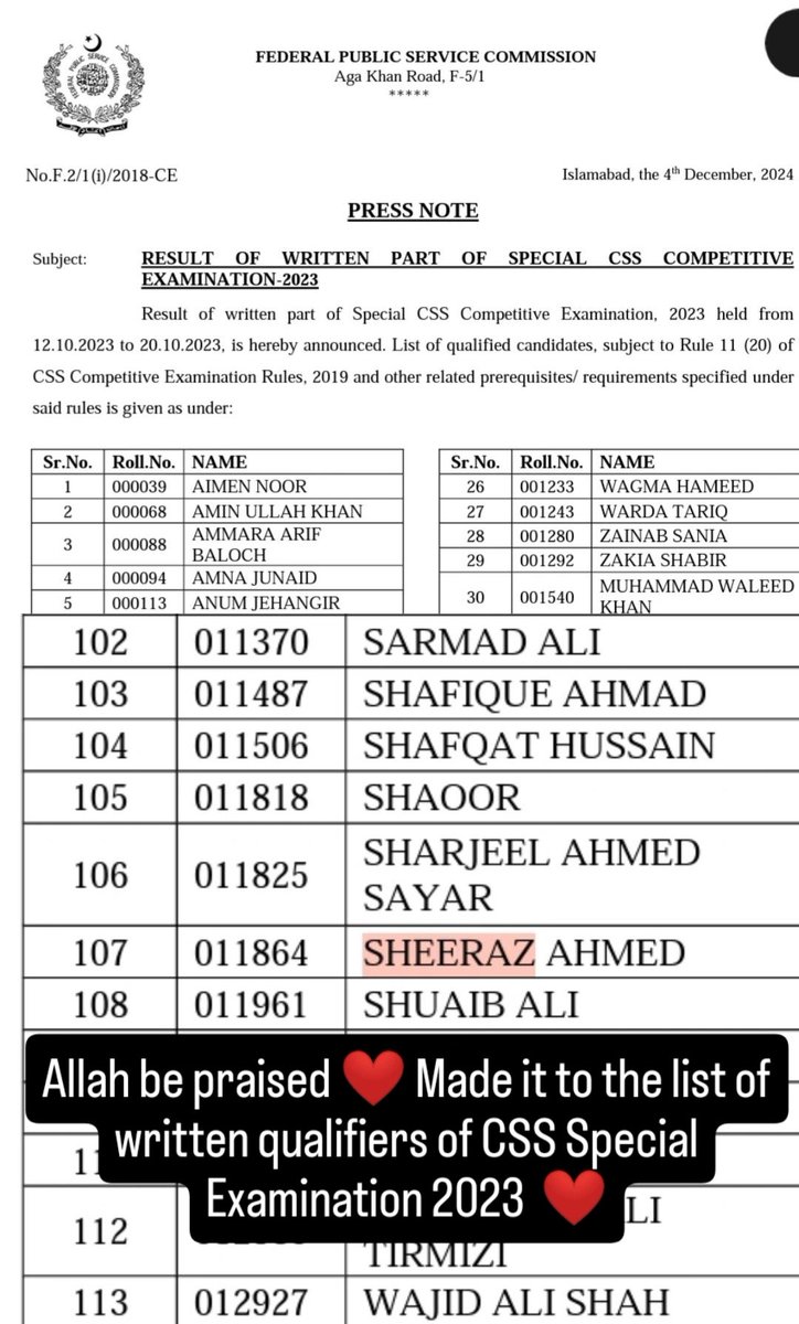Sheeraz09099261's tweet photo. All praise to Almighty Allah ❤️ Made it to the list of written qualifiers of CSS Special Examination 2023 ❤️
#CSS_Special_2023 #PMS #FPSC https://t.co/F3ModILRGg