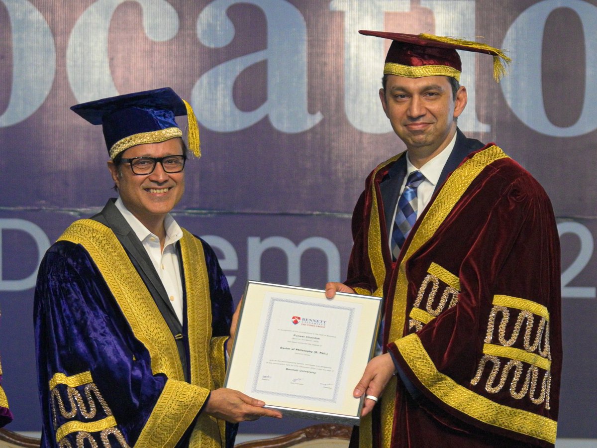 bennettuniv's tweet photo. Mr. Puneet Chandok, President, Microsoft India & Asia, and Mr. Nitish Mittersain, CEO & Joint MD, Nazara Technologies, were awarded the prestigious Honoris Causa Degree by our Chancellor, Mr. Vineet Jain.
#BennettUniversity #6thConvocation #HonorisCausa #PuneetChandok https://t.co/zPEyGswb8F