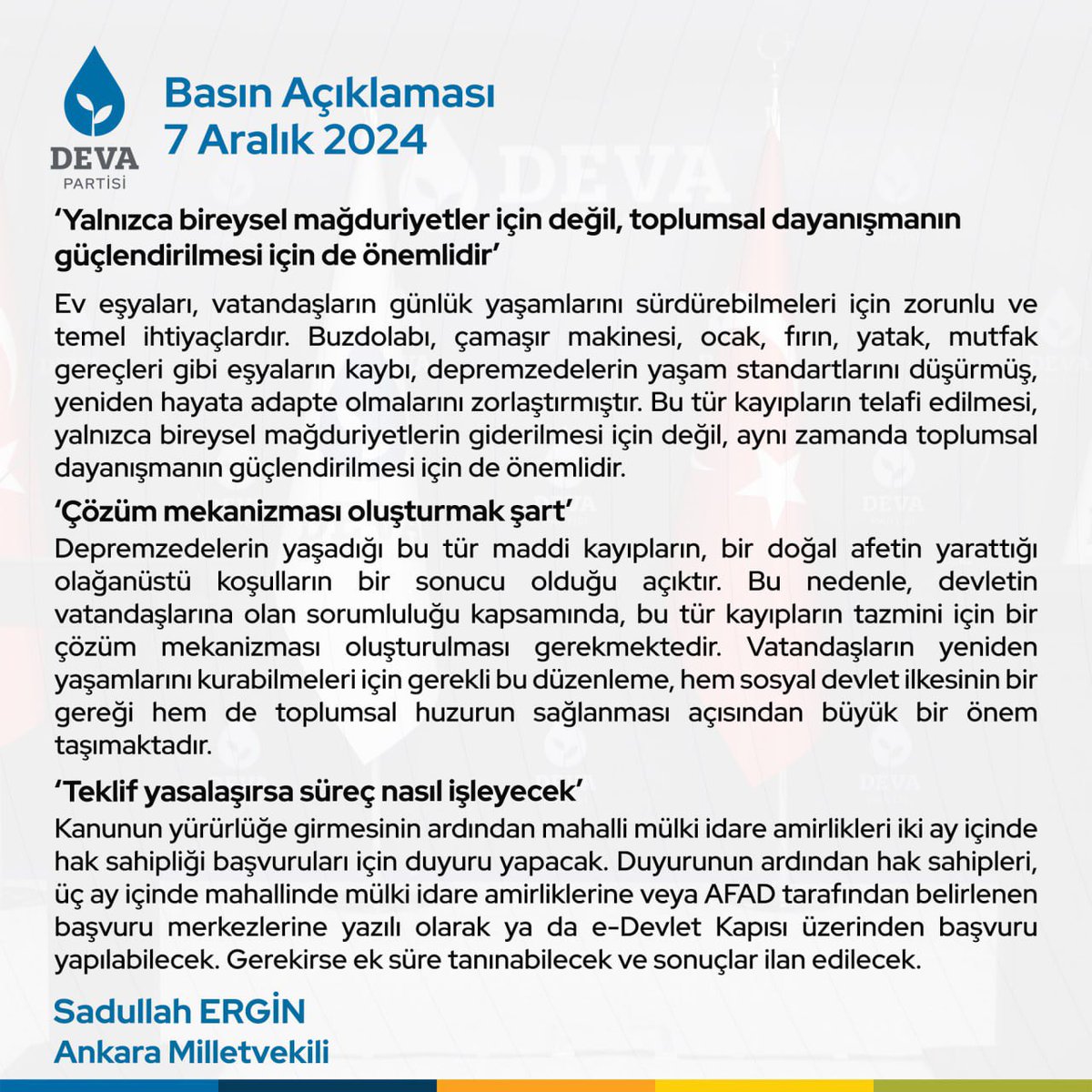 devapartisi's tweet photo. 15 milletvekilimizin imzasını taşıyan 7269 Sayılı Umumi Hayata Müessir Afetler Dolayısıyla Alınacak Tedbirlerle Yapılacak Yardımlara Dair Kanuna ek madde eklenmesini öngören teklif, TBMM Başkanlı��ına sunuldu.

Bu kanun teklifi ile afetlerde evleri zarar gören mağdurlara malik veya kiracı durumunda olup olmadıklarına bakılmaksızın, hak sahibi olmak şartıyla ev eşyası yardımı yapılacak.