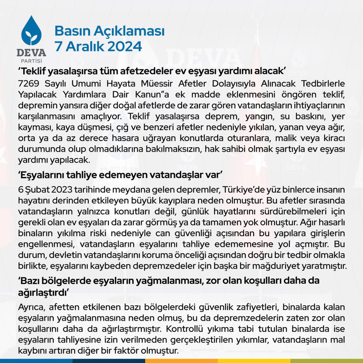 devapartisi's tweet photo. 15 milletvekilimizin imzasını taşıyan 7269 Sayılı Umumi Hayata Müessir Afetler Dolayısıyla Alınacak Tedbirlerle Yapılacak Yardımlara Dair Kanuna ek madde eklenmesini öngören teklif, TBMM Başkanlı��ına sunuldu.

Bu kanun teklifi ile afetlerde evleri zarar gören mağdurlara malik veya kiracı durumunda olup olmadıklarına bakılmaksızın, hak sahibi olmak şartıyla ev eşyası yardımı yapılacak.