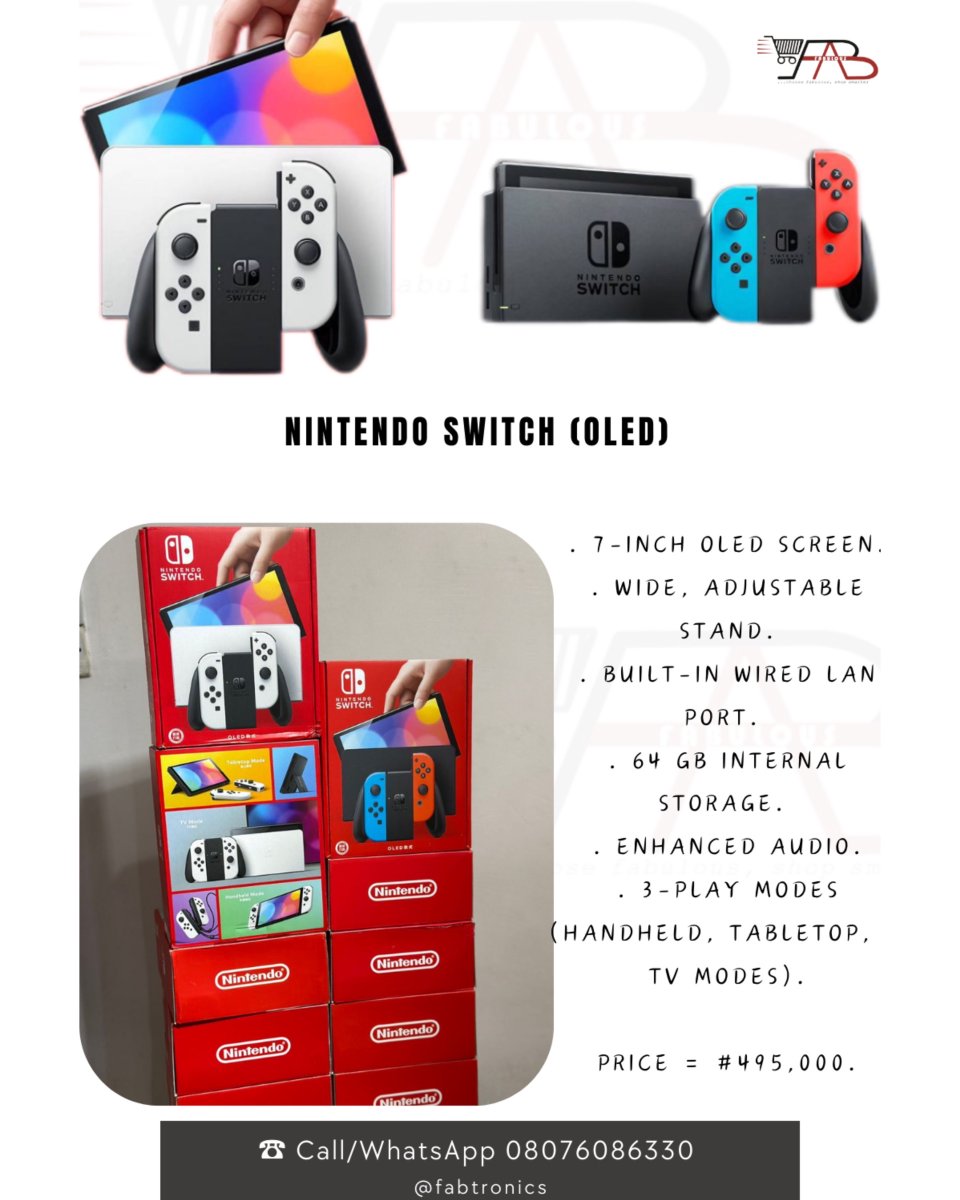 FabtronicsFAB's tweet photo. 🎮✨Nintendo Switch OLED portable game console! 💥
With the 3 different play modes ; handheld, Tabletop, and TV modes).

Price = 495,000 NGN. (Please always reconfirm current price and availability). 

#NintendoSwitchOLED #GamingInStyle #LevelUpYourPlay https://t.co/rXvRNvh5XL