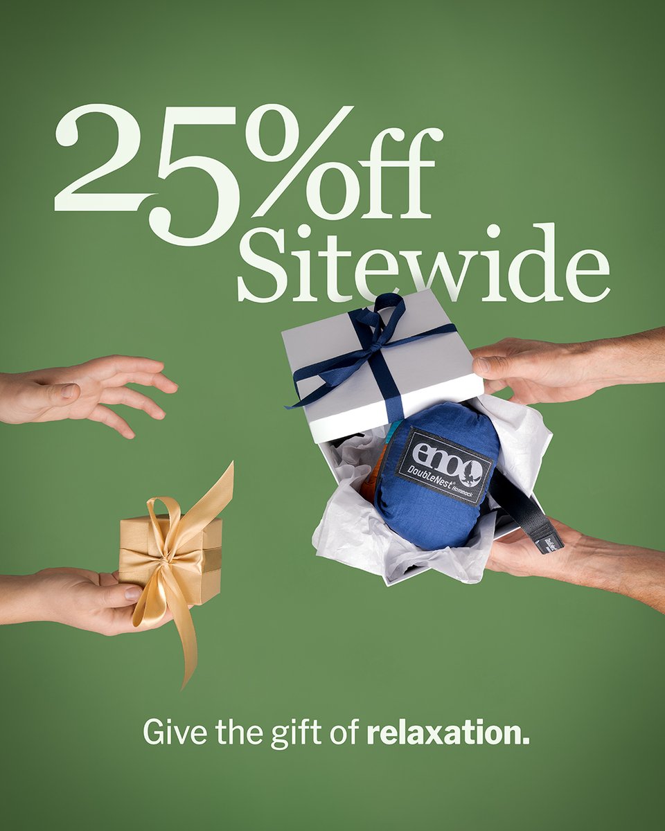 ENOHammocks's tweet photo. This Holiday Sale is getting wrapped up!

Today (12/7) is the last day to score 25% off sitewide for all your ENO gifts, or treats for yourself (we won’t judge). 

Grab your goodies today: https://t.co/g5bYujYY5j https://t.co/TJtyi1bP7m