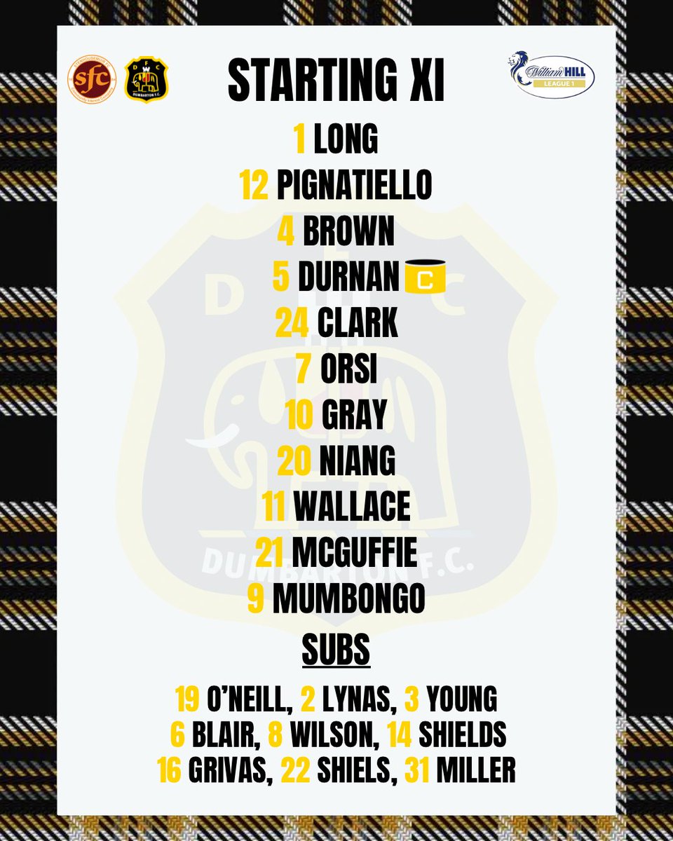 Dumbartonfc's tweet photo. Your Sons of the Rock this afternoon 📋 

Orsi returns ⚡️ 
McGuffie through the middle ✨ 
First league start for Mumbongo 🇸🇪 https://t.co/mhj9vatljH