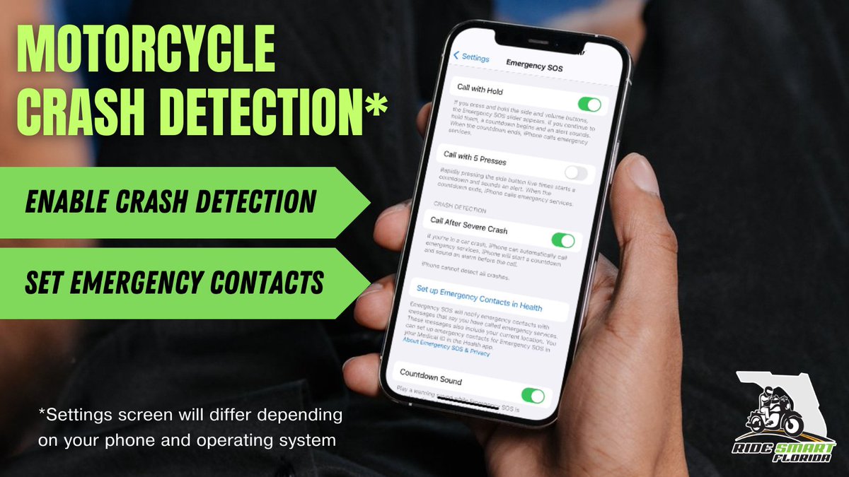RideSmartFL's tweet image. In a motorcycle crash, every second counts. Most phones can share a severe crash location with emergency services and/or your emergency contacts.  

Check your phone’s settings to enable crash detection and set your emergency contacts. 

#RideSmartFL #MotorcycleSafety