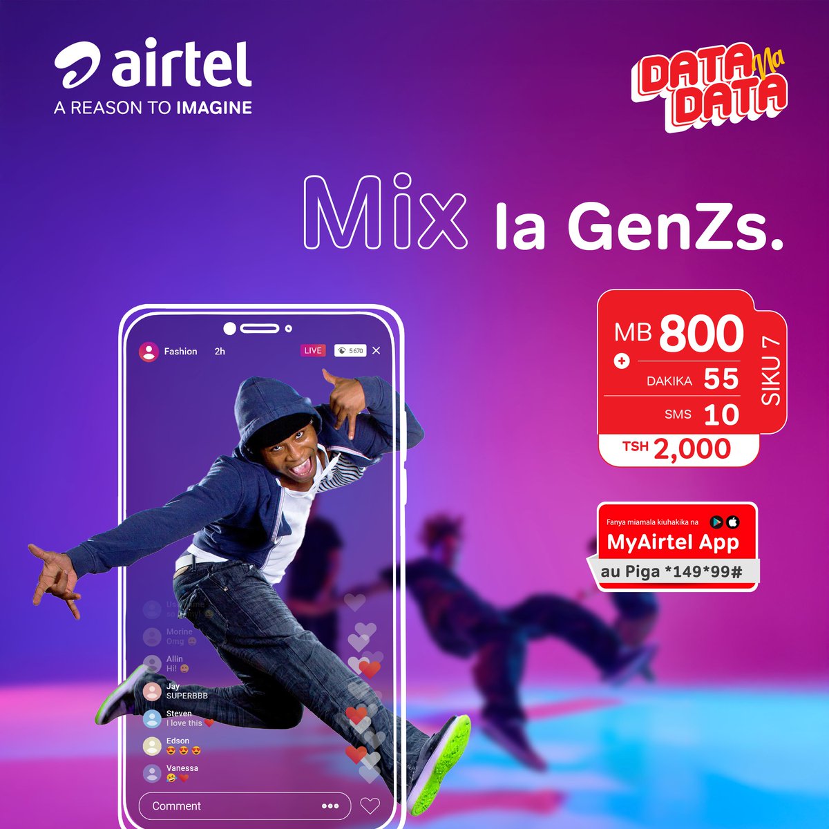 airtel_tanzania's tweet photo. Long weekend ndio hii na tunajua unachokitaka GenZππ.
Shika hii π Datishwa na bando za kijanja zenye madakika, SMS na MB shaazi za kukuwezesha kubaki online, Ku-shine na kutamba wiki nzima. Jiachie na Bando za #DataNaData kwa kugusa link https://t.co/JufHEZxPZl
#DataNaData https://t.co/a4PF4rrc1g