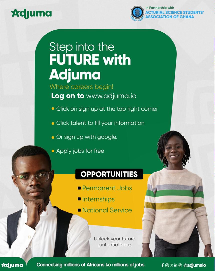 actuarialghana's tweet photo. Dear ones, ASSAG has partnered with @Adjuma.io, a trusted and reliable platform connecting millions of Africans to millions of job opportunities. Step into the Future with @Adjuma.io and Explore opportunities like:💡Permanent Jobs 💡 Internships 💡National Service #Adjuma.io https://t.co/bVSjszRleh