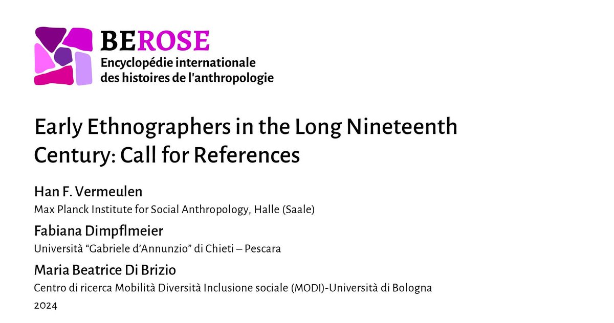 histanthro's tweet photo. CfR: Early Ethnographers in the Long 19th Century – supported by the History of Anthropology Review (HAR), the History of Anthropology Network (HOAN), and BEROSE International Encyclopedia of the Histories of Anthropology

Deadline: Dec. 31, 2024

Info: https://t.co/ZLSAvztmXR https://t.co/LAVrPtYERW
