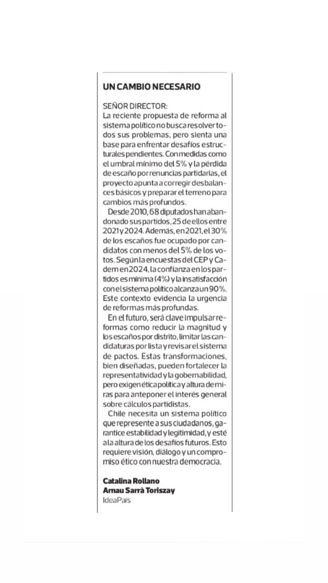 ArnauSarraT's tweet photo. Hoy en @latercera 📰  junto a @catalinarollano reflexionamos sobre el sistema político y el PdL que fue presentado hace unos días 🤔

Los invito a leerla! 👀 https://t.co/XqUjH9g6Df