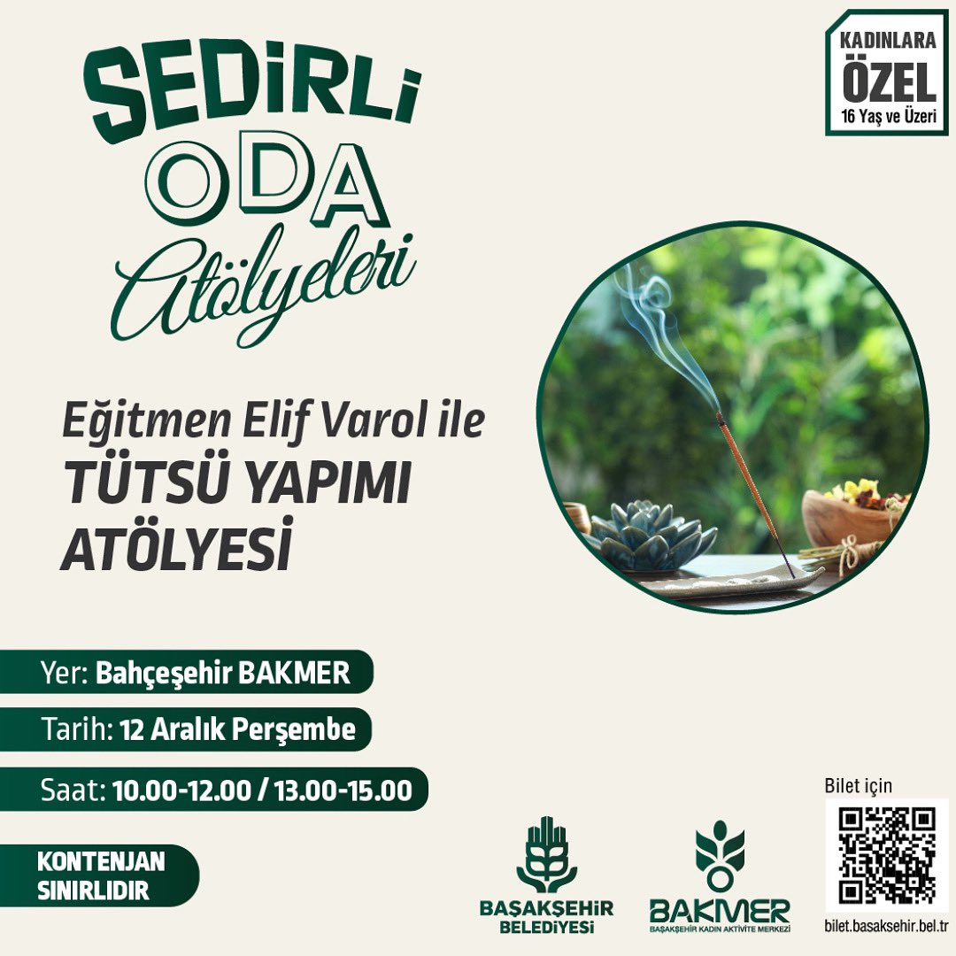 kultursanatbsk's tweet photo. Doğal malzemeler kullanarak, uzman rehberliğinde kendi zevkinize göre özgün tütsünüzü yapacağınız Tütsü Yapımı Atölyesi’ne katılmaya davetlisiniz.

📆 12 Aralık Perşembe 

⏰️ 10.00-12.00 / 13.00-15.00

📍Bahçeşehir/ BAKMER https://t.co/zeHr7Mc0PI
