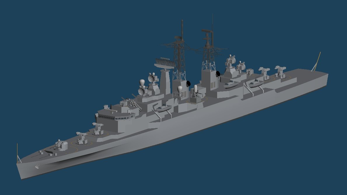 satoru1012's tweet photo. 細々とモデリング。
だいぶ前に作った防空艦を手直し。
デザインは東西折衷から完全に西側風になった。
戦艦並みにデカかった船体サイズも巡洋艦サイズに調整。武装はそのままサイズだけ小さくなったのでギチギチになったけどカッコいいからヨシ！ https://t.co/vDikdYHTp0