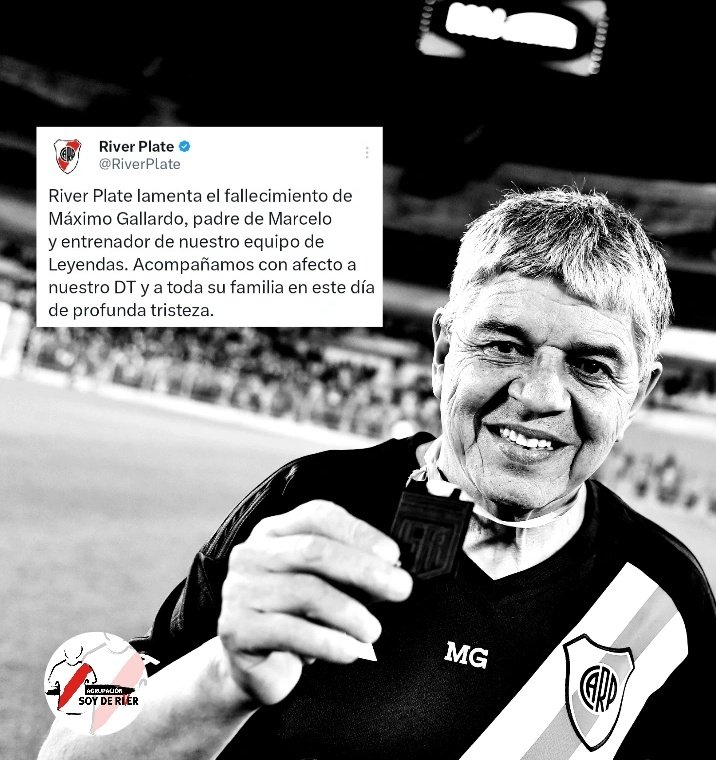 Desde <a href="/movsoyderiver/">Agrupación Soy De River</a> lamentamos profundamente el fallecimiento de Máximo Gallardo, abrazamos fuerte a nuestro DT y su familia en este difícil momento .
QEPD 🖤