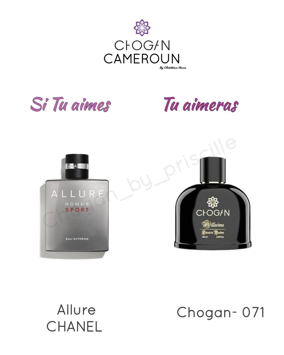 ChoganCMR's tweet photo. Si tu aimes, tu aimeras ! 

Les numéros de nos parfums font références a la création d’une grande marque de parfumerie connue dans le monde. 

Par exemple : 
Le numéro 071 fait référence a la création “Allure” de Chanel. 
Mais en plus concentré (30%), résultat il met  plus long. https://t.co/QbOV9HShH2