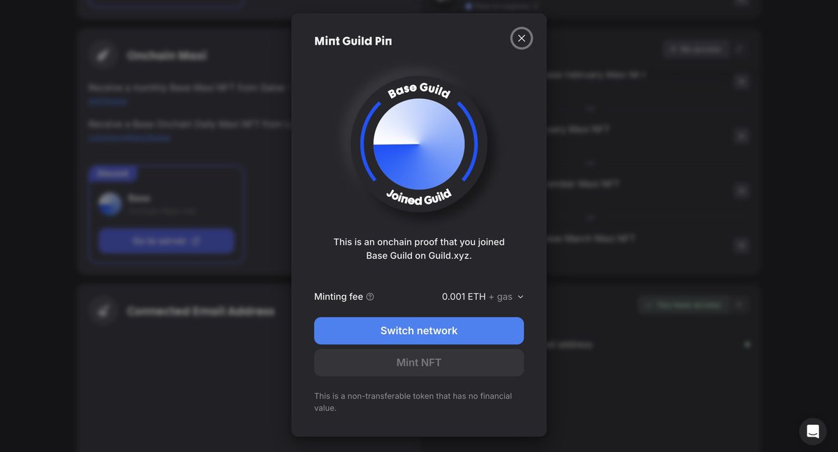Base Interaction 🪂

▫Mint Guild Pin NFT

🔗 guild.xyz/base

Complete others missions on Guild, might be a criterion for potential airdrop
